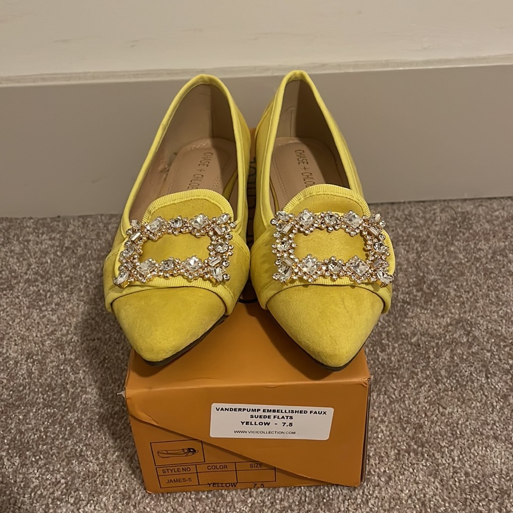 Yellow faux suede embellished flats